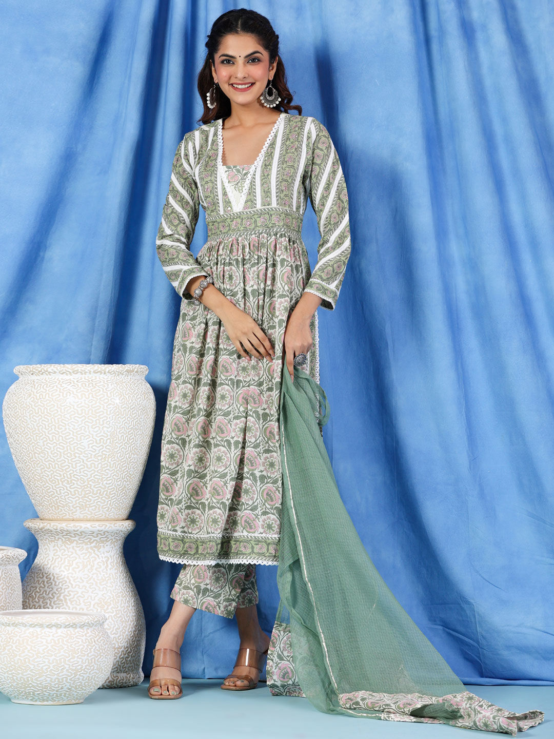 Anarkali Style Cotton Fabric Green Color Kurta And Palazzo With Dupatta