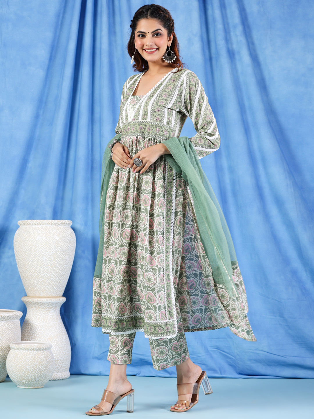 Anarkali Style Cotton Fabric Green Color Kurta And Palazzo With Dupatta