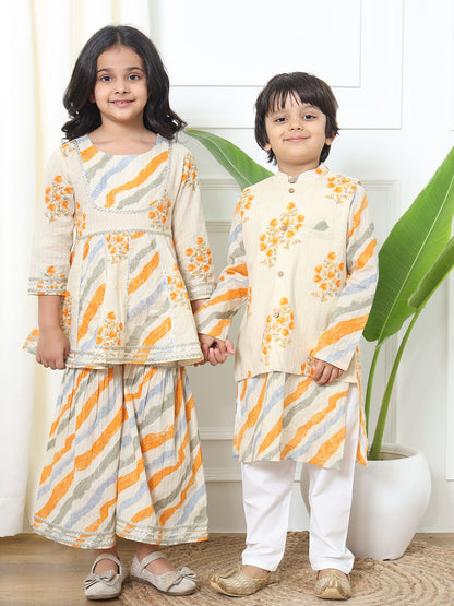 Anarkali Style Cotton Fabric Cream Color Kurti And Sharara