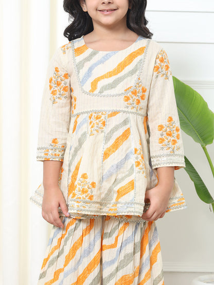 Anarkali Style Cotton Fabric Cream Color Kurti And Sharara