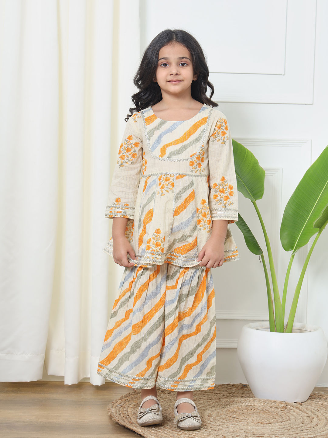 Anarkali Style Cotton Fabric Cream Color Kurti And Sharara