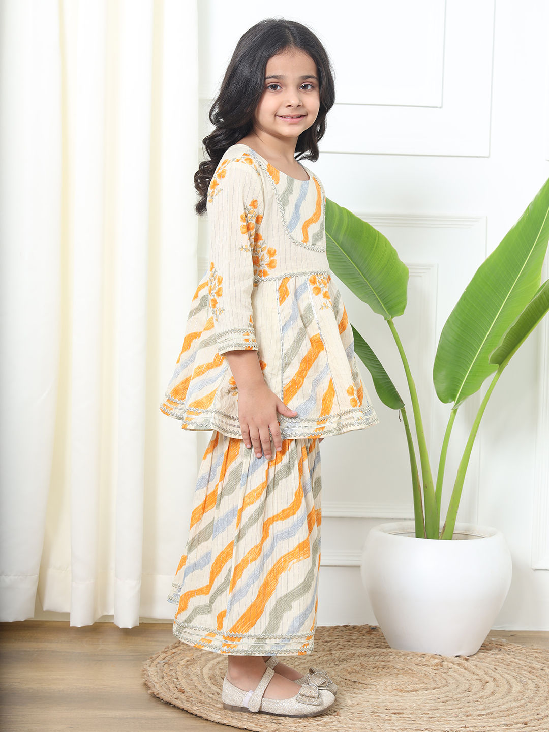 Anarkali Style Cotton Fabric Cream Color Kurti And Sharara