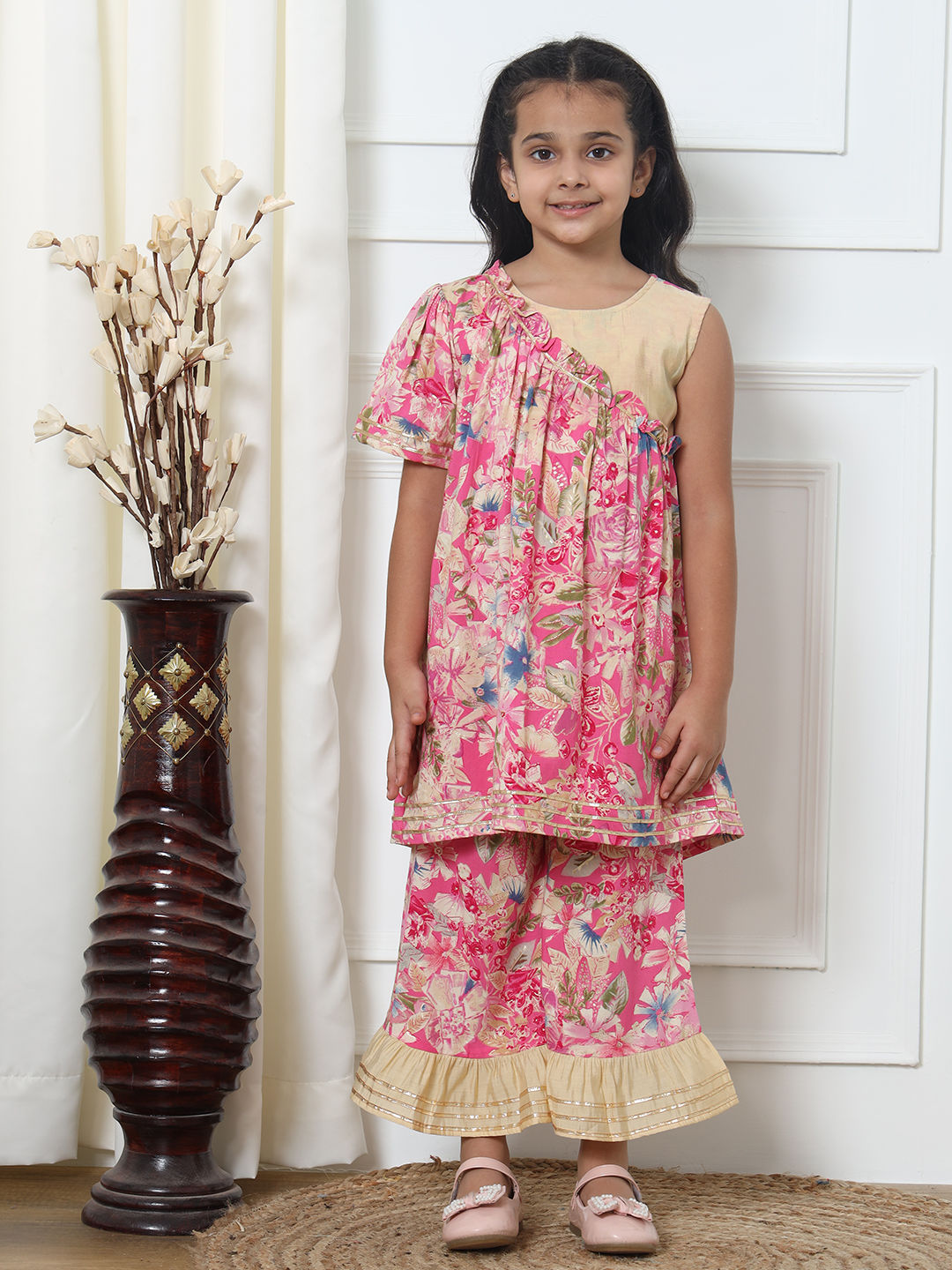 Frock Style Rayon Fabric Pink Color Kurti With Palazzo