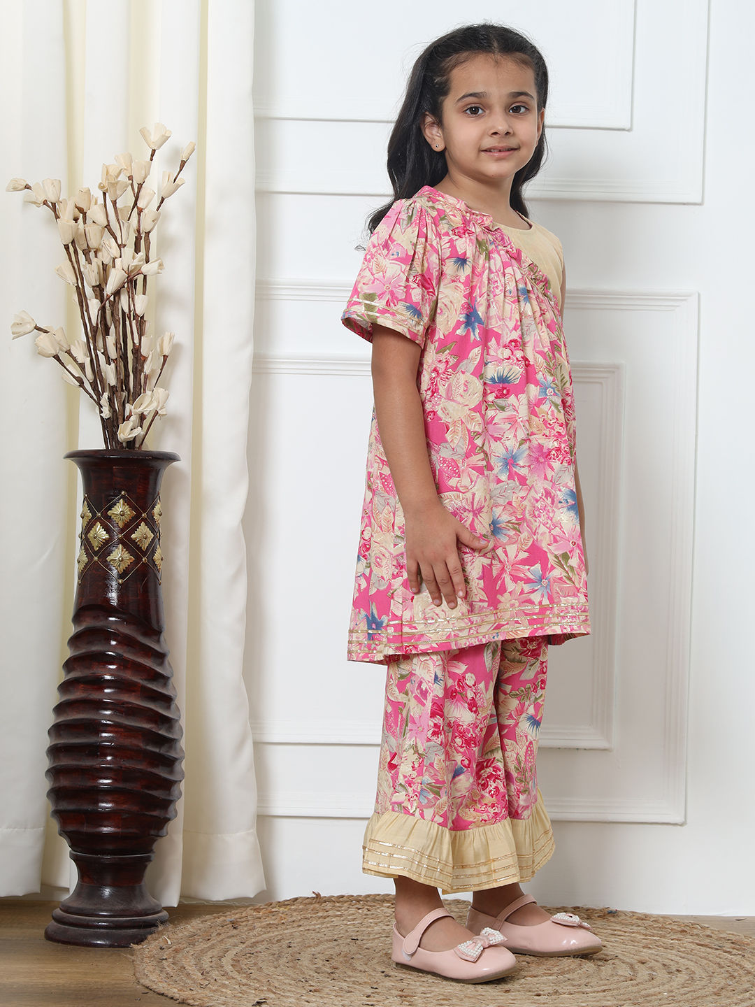 Frock Style Rayon Fabric Pink Color Kurti With Palazzo