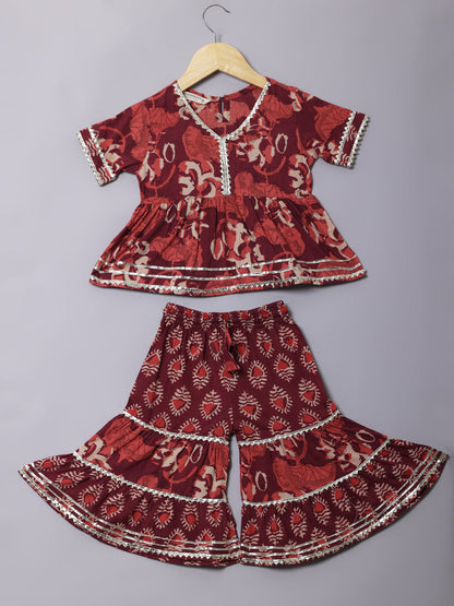 Frock Style Cotton Fabric Burgundy Color Kurti With Sharara