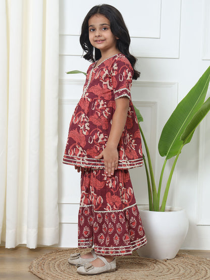 Frock Style Cotton Fabric Burgundy Color Kurti With Sharara