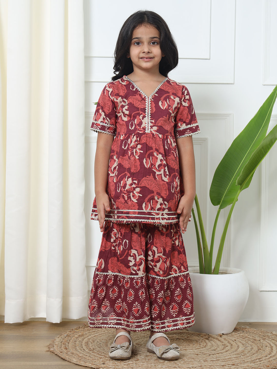 Frock Style Cotton Fabric Burgundy Color Kurti With Sharara