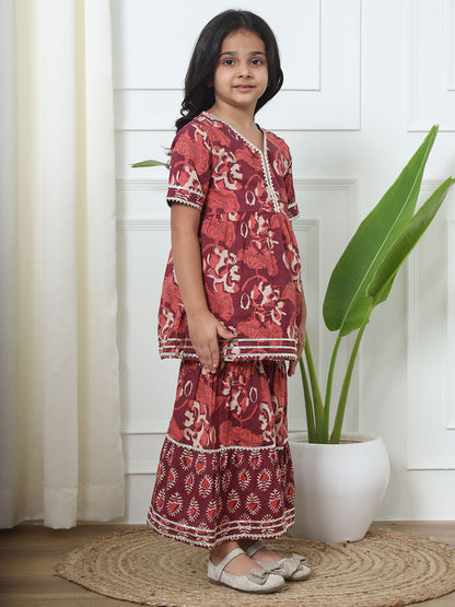 Frock Style Cotton Fabric Burgundy Color Kurti With Sharara