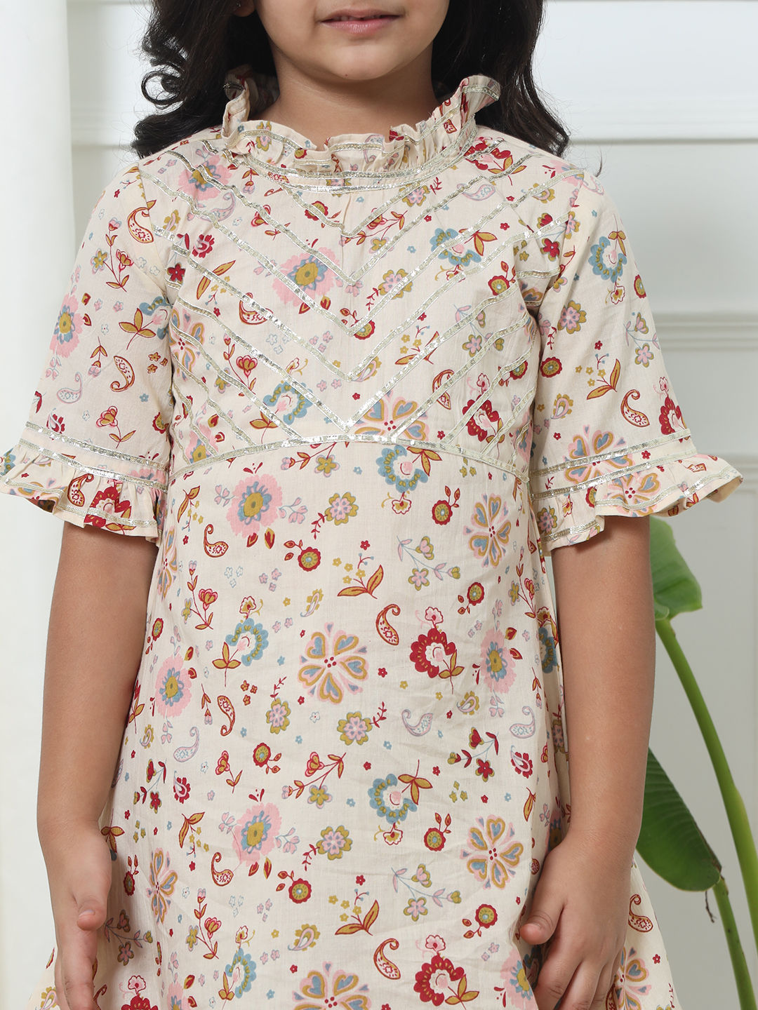 Frock Style Cotton Fabric Cream Color Kurti With Palazzo