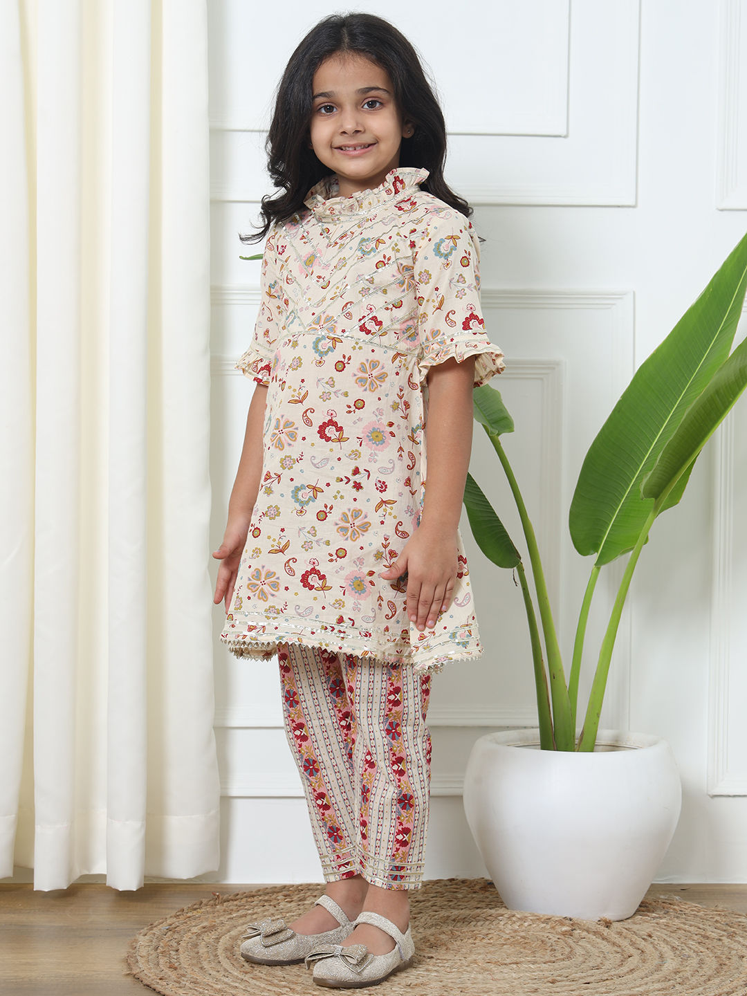 Frock Style Cotton Fabric Cream Color Kurti With Palazzo