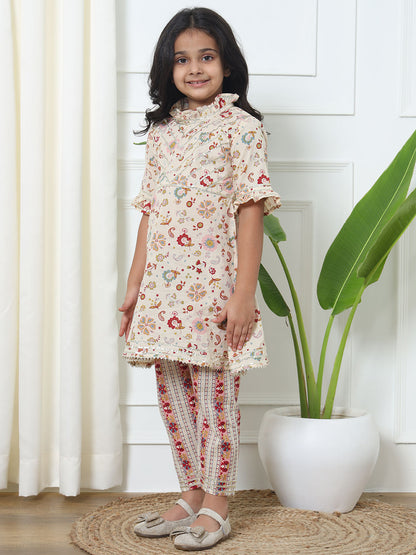 Frock Style Cotton Fabric Cream Color Kurti With Palazzo