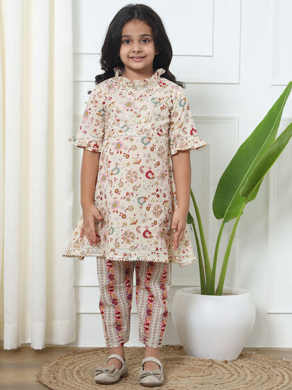 Frock Style Cotton Fabric Cream Color Kurti With Palazzo