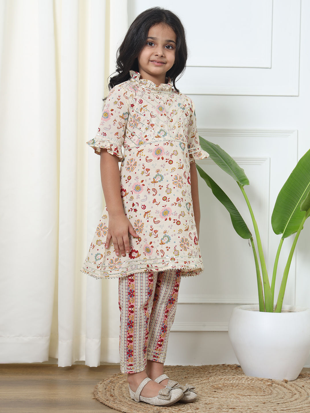 Frock Style Cotton Fabric Cream Color Kurti With Palazzo