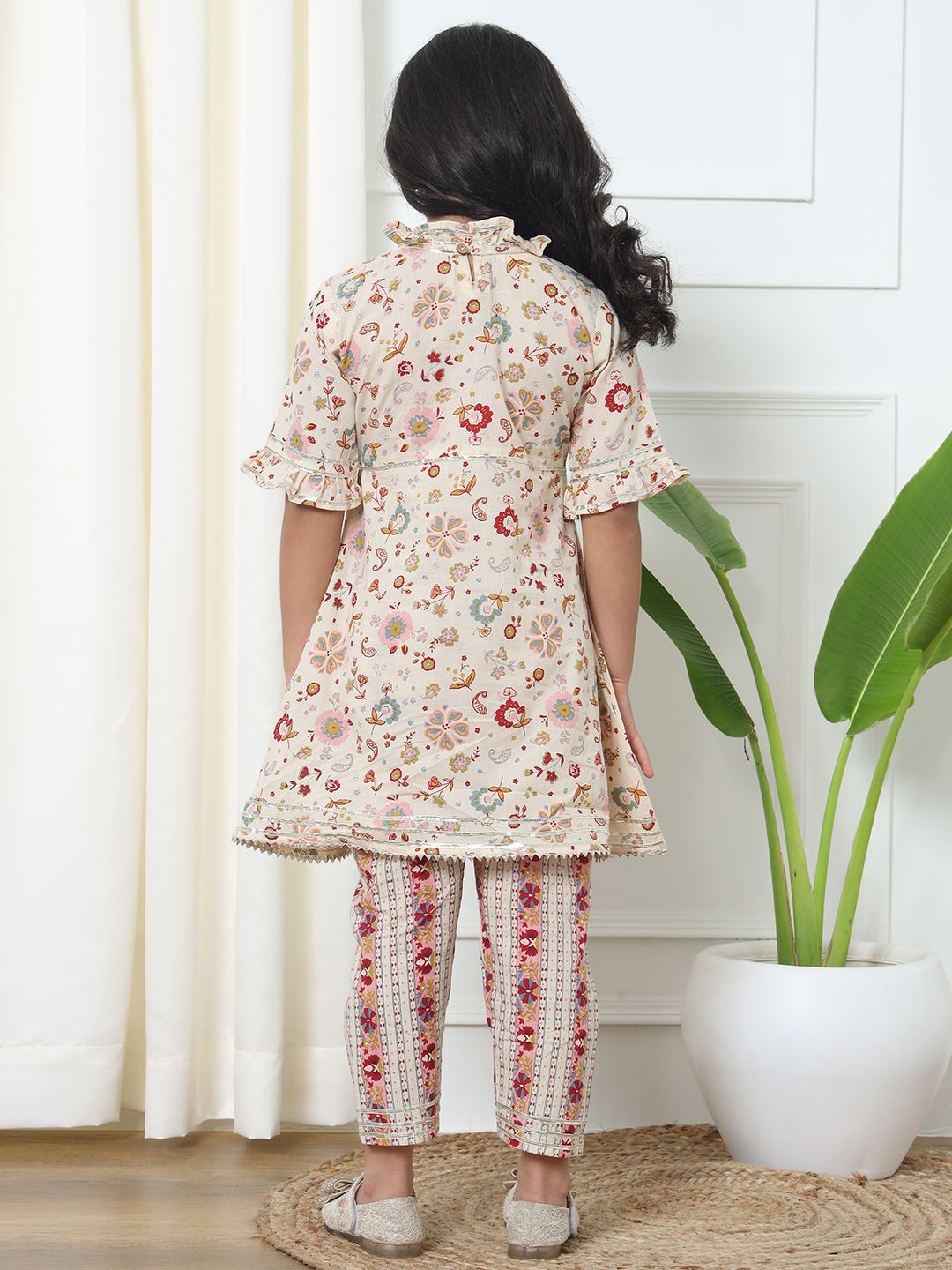 Frock Style Cotton Fabric Cream Color Kurti With Palazzo