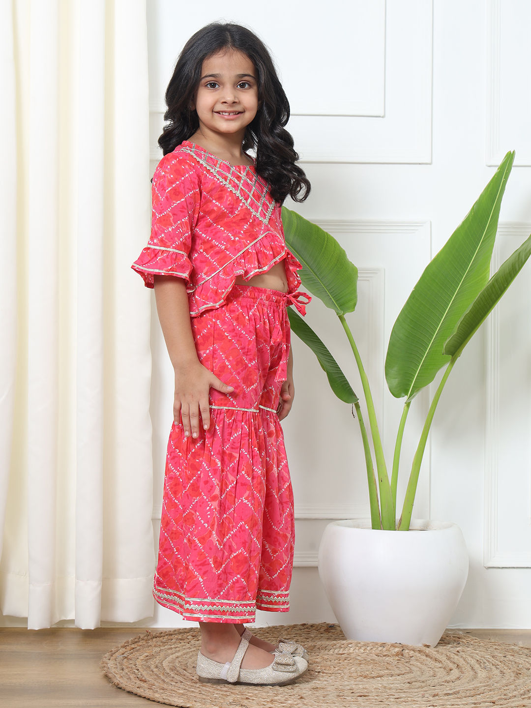 Straight Style Cotton Fabric Pink Color Top And Sharara
