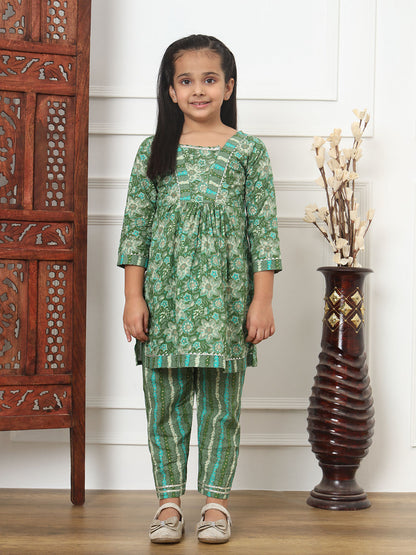 Frock Style Cotton Fabric Green Color Kurti And Palazzo