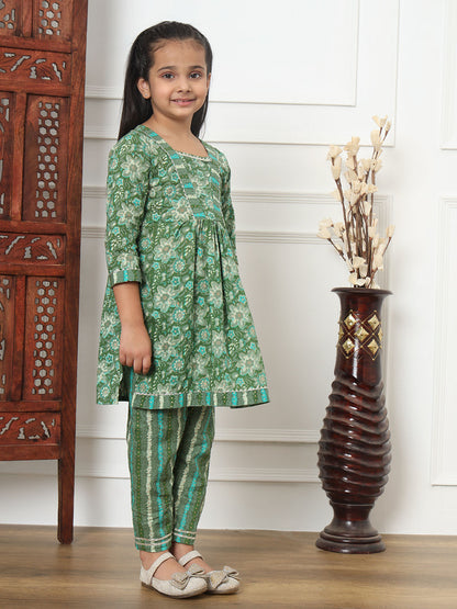 Frock Style Cotton Fabric Green Color Kurti And Palazzo