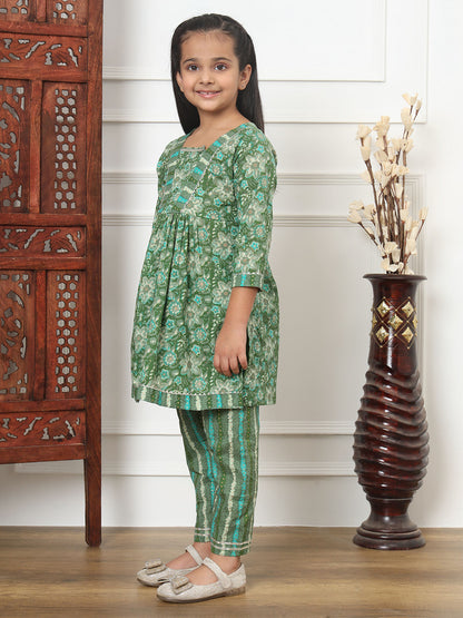 Frock Style Cotton Fabric Green Color Kurti And Palazzo
