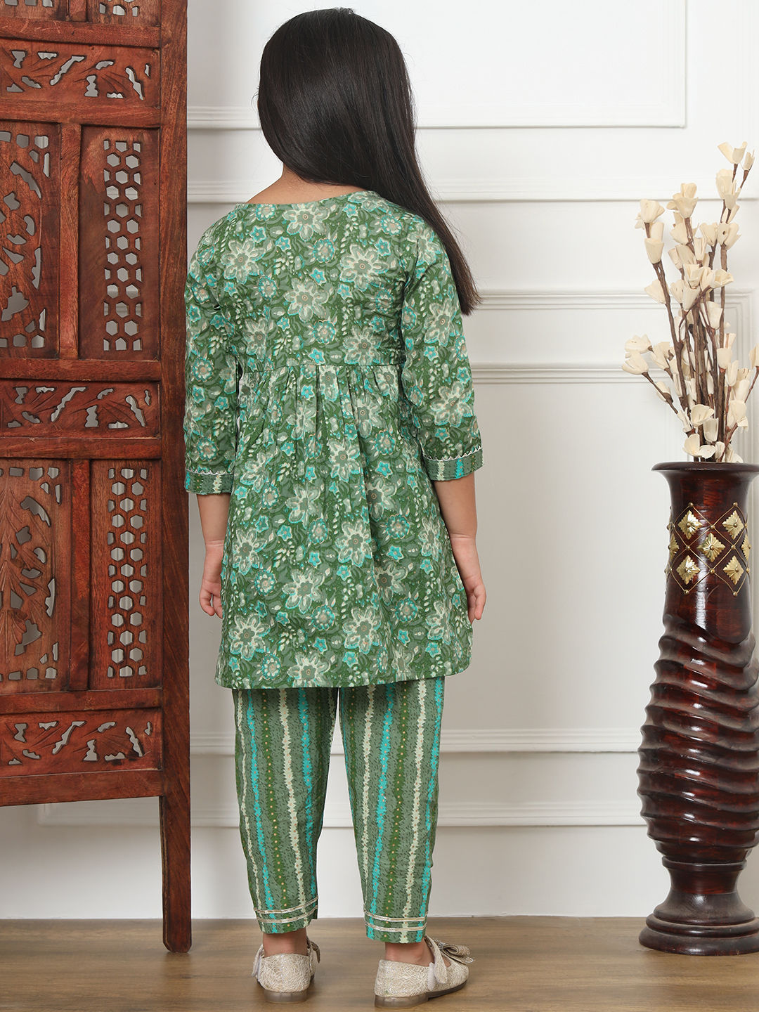 Frock Style Cotton Fabric Green Color Kurti And Palazzo