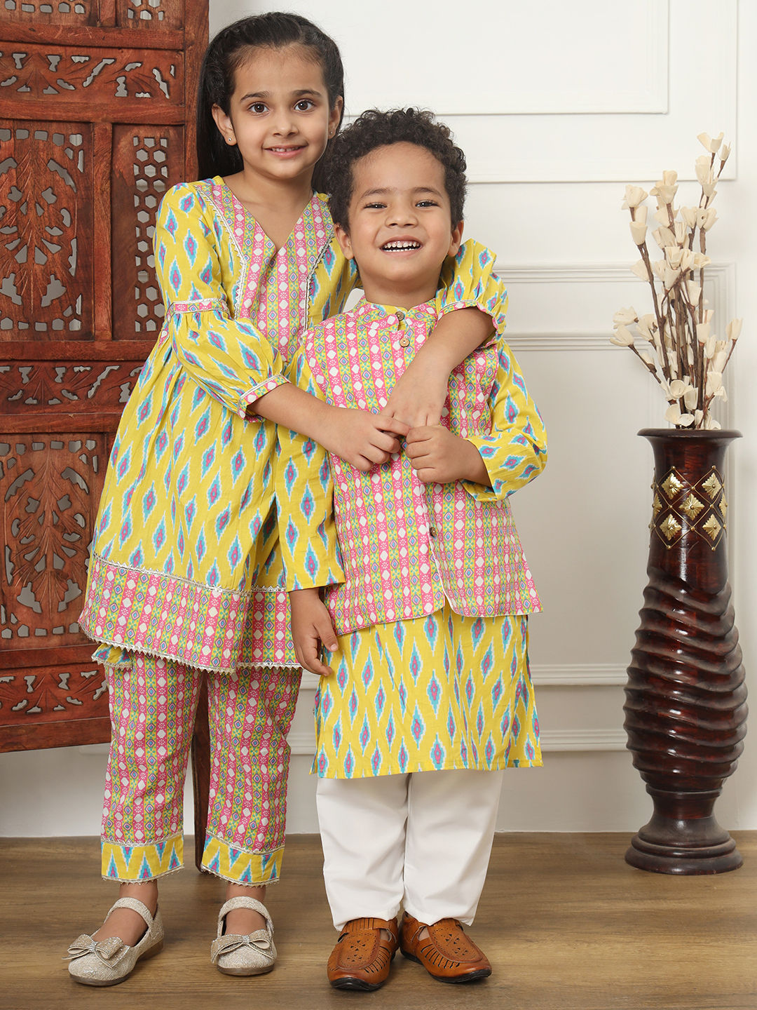 Flared Style Cotton Fabric Yellow Color Kurti And Pyjama