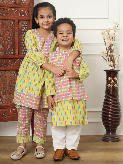 Flared Style Cotton Fabric Yellow Color Kurti And Pyjama
