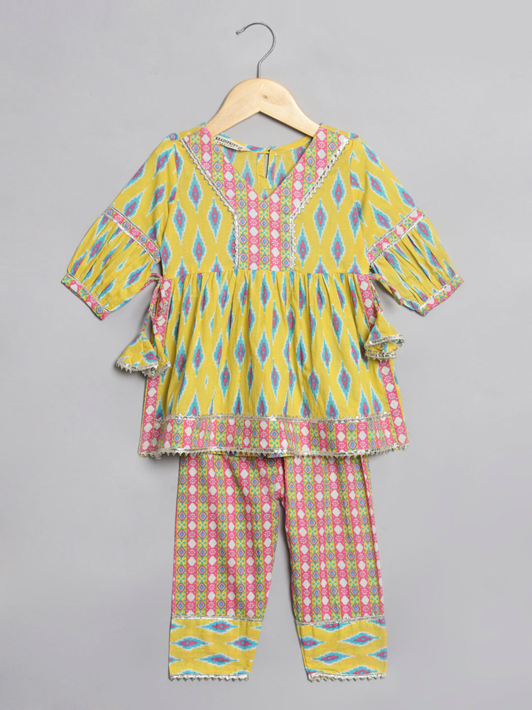 Flared Style Cotton Fabric Yellow Color Kurti And Pyjama