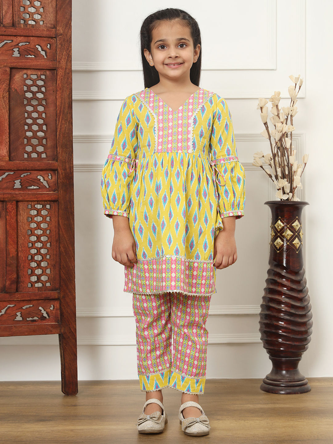 Flared Style Cotton Fabric Yellow Color Kurti And Pyjama