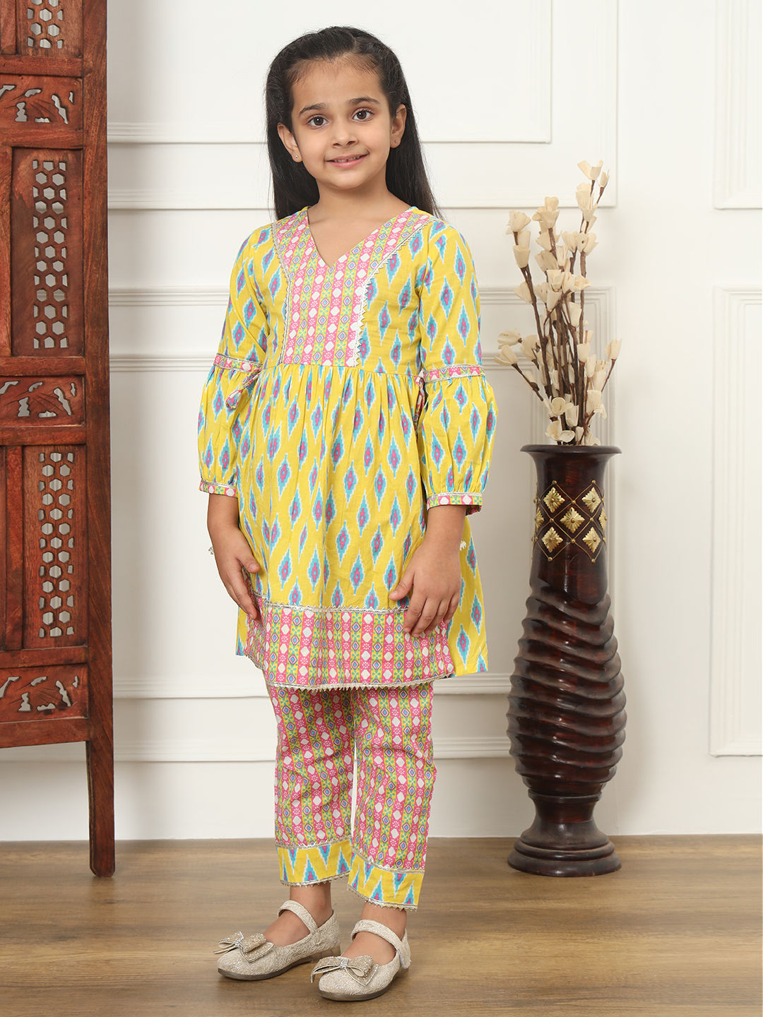 Flared Style Cotton Fabric Yellow Color Kurti And Pyjama