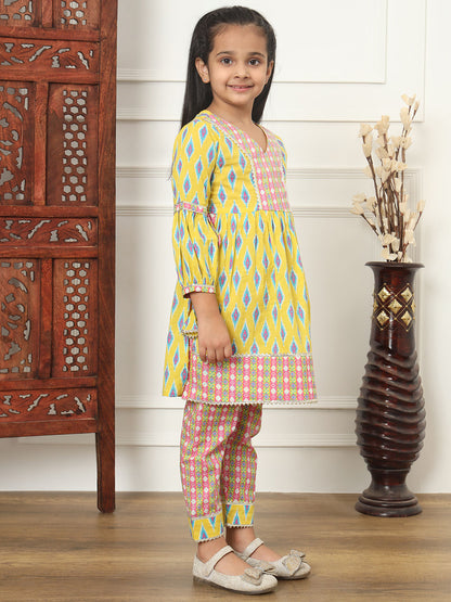 Flared Style Cotton Fabric Yellow Color Kurti And Pyjama