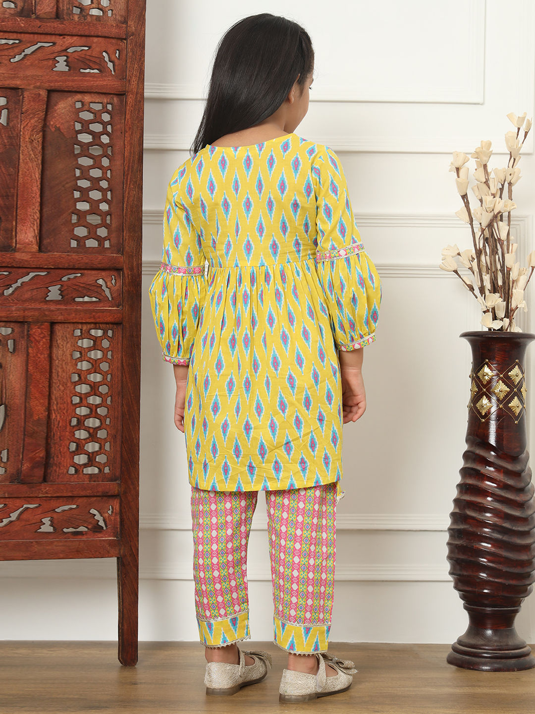 Flared Style Cotton Fabric Yellow Color Kurti And Pyjama