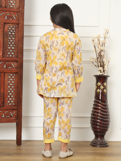 Straight Style Cotton Fabric Yellow Color Top With Pyjama And Shrug