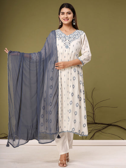Anarkali Style Cotton Fabric White & Blue Color Kurta With Bottom & Dupatta