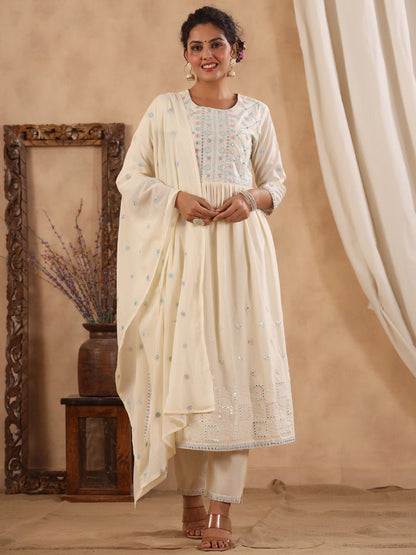 Flared Style Cotton Fabric Cream Color Kurta With Bottom & Dupatta