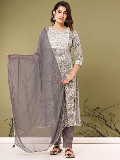 Anarkali Style Cotton Fabric Grey Color Kurta With Bottom & Dupatta