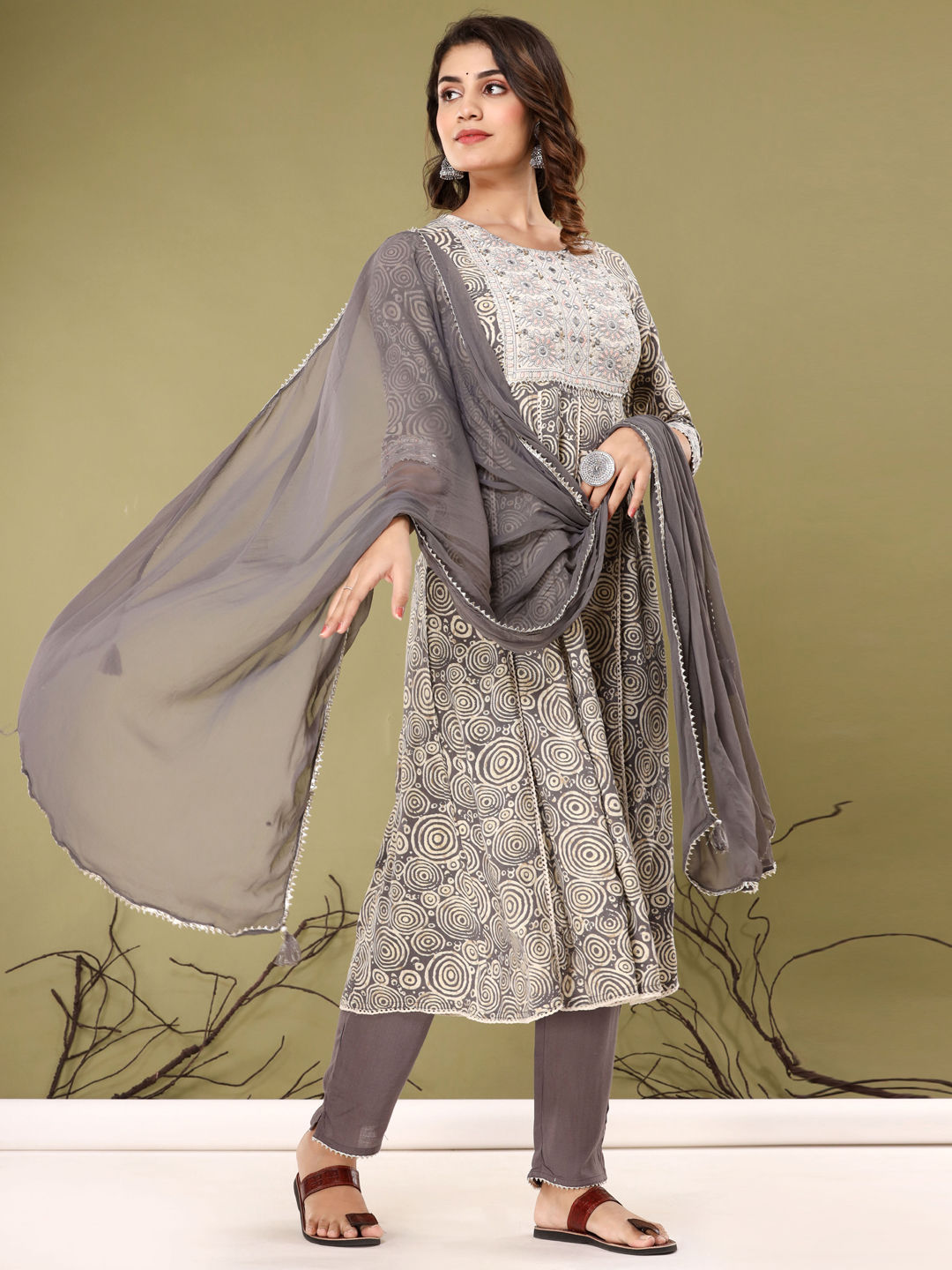 Anarkali Style Cotton Fabric Grey Color Kurta With Bottom & Dupatta