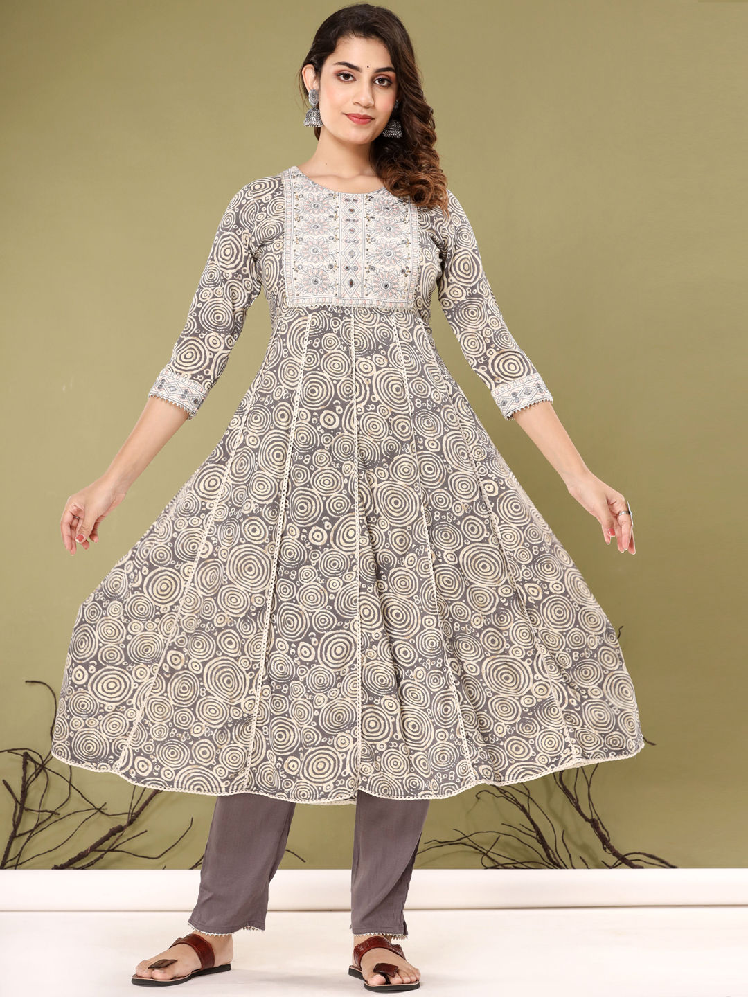Anarkali Style Cotton Fabric Grey Color Kurta With Bottom & Dupatta