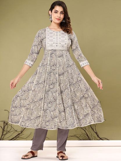 Anarkali Style Cotton Fabric Grey Color Kurta With Bottom & Dupatta
