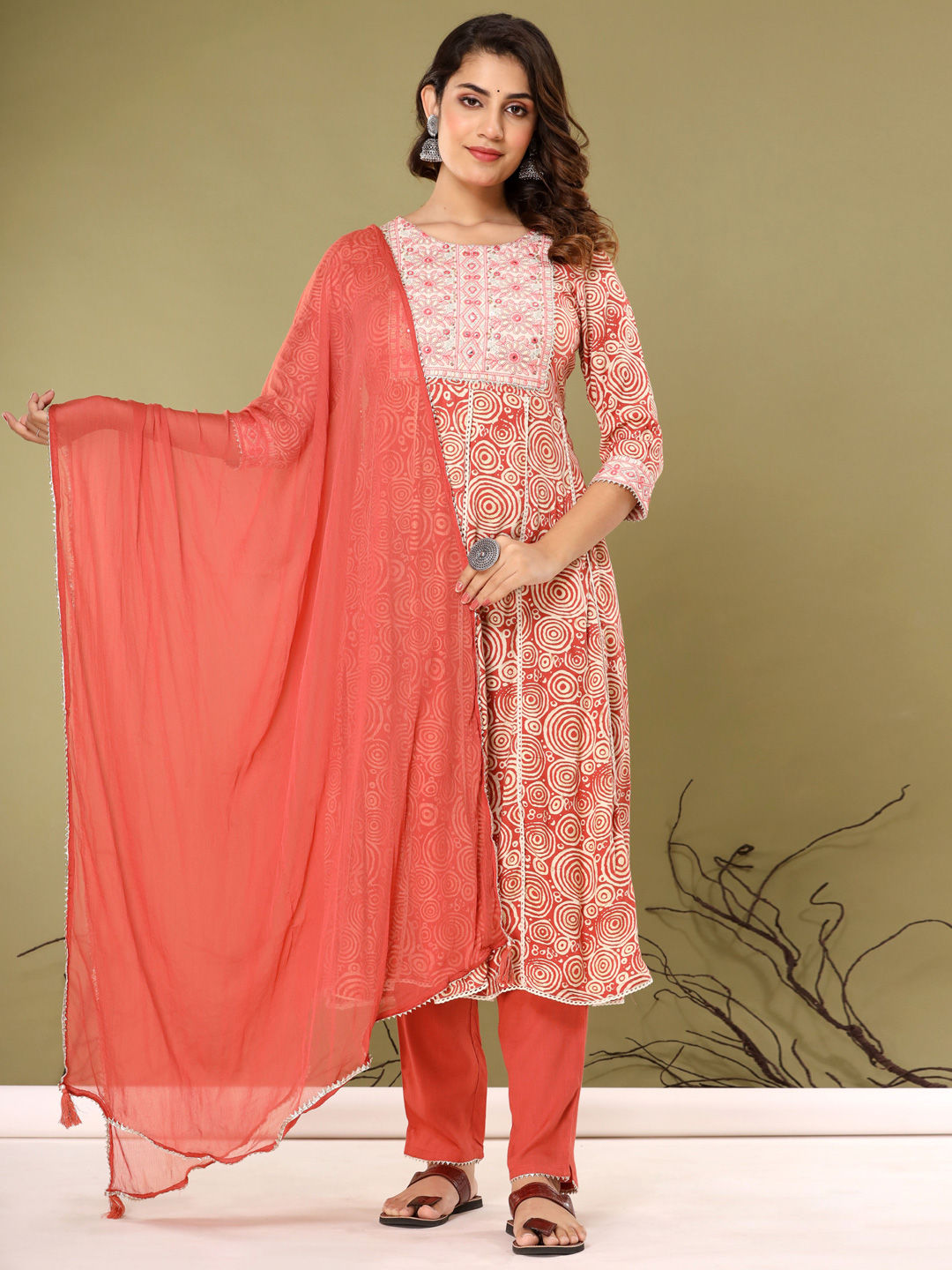 Anarkali Style Cotton Fabric Rust  Color Kurta With Bottom & Dupatta