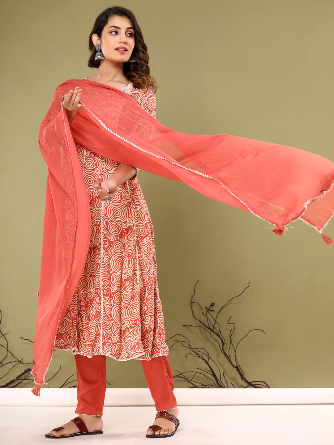 Anarkali Style Cotton Fabric Rust  Color Kurta With Bottom & Dupatta
