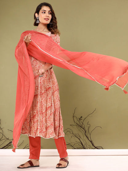 Anarkali Style Cotton Fabric Rust  Color Kurta With Bottom & Dupatta