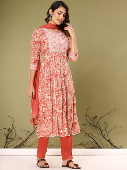 Anarkali Style Cotton Fabric Rust  Color Kurta With Bottom & Dupatta