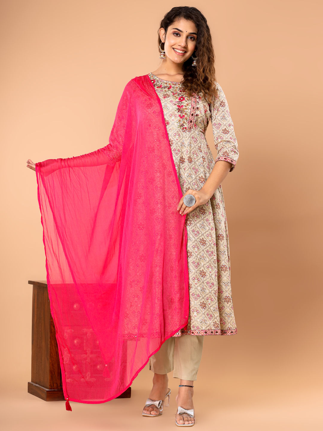 Anarkali Style Cotton Fabric Pink & Beige Color Kurta With Bottom & Dupatta