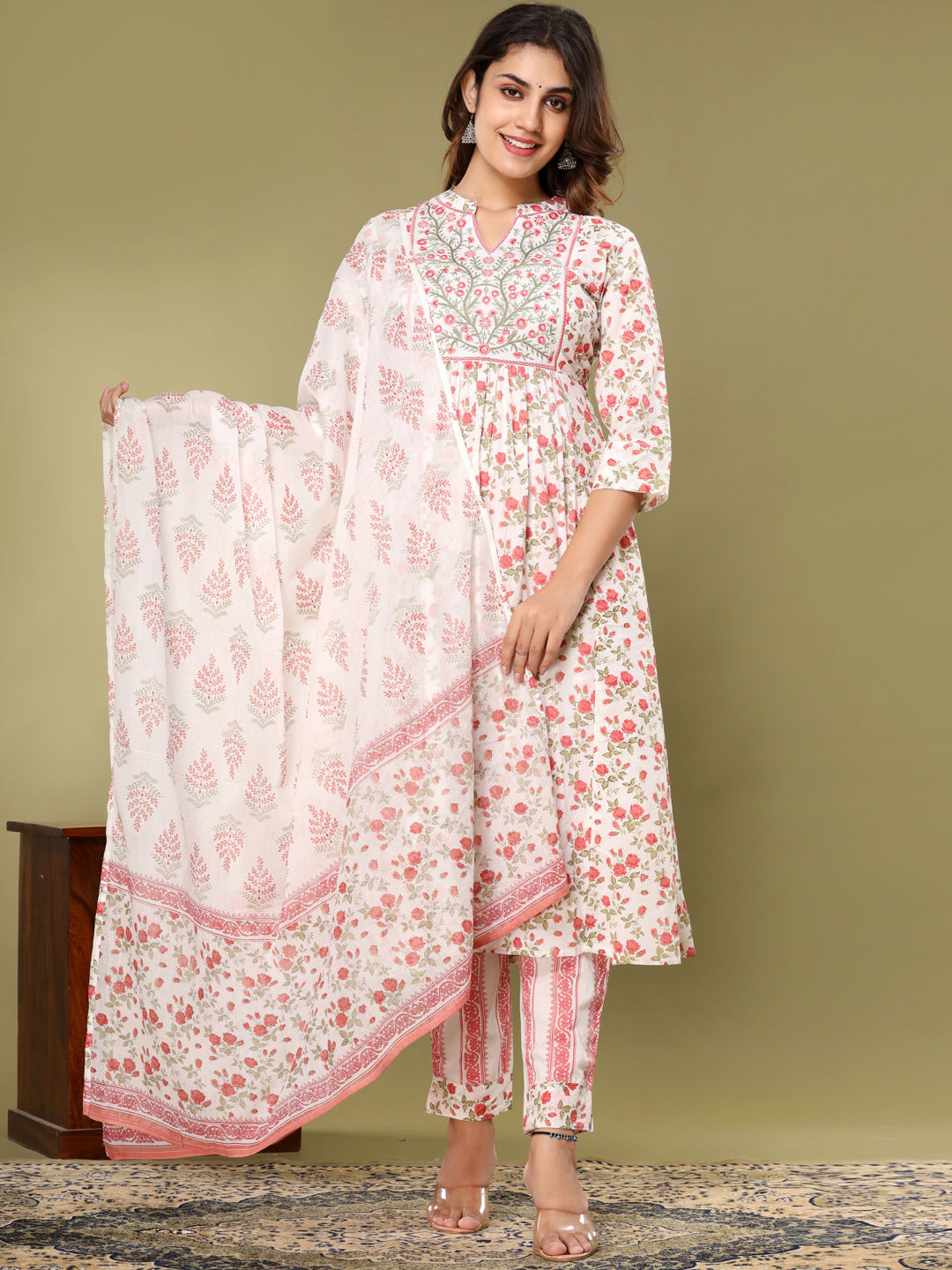 Anarkali Style Cotton Fabric Pink & White Color Kurta With Bottom & Dupatta