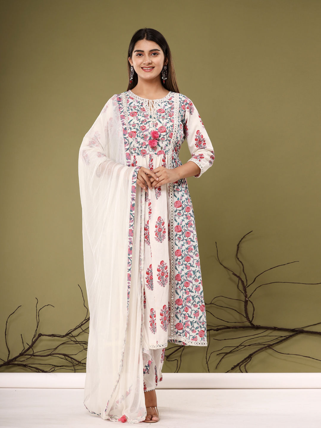 Anarkali Style Cotton Fabric Pink & White Color Kurta With Bottom & Dupatta