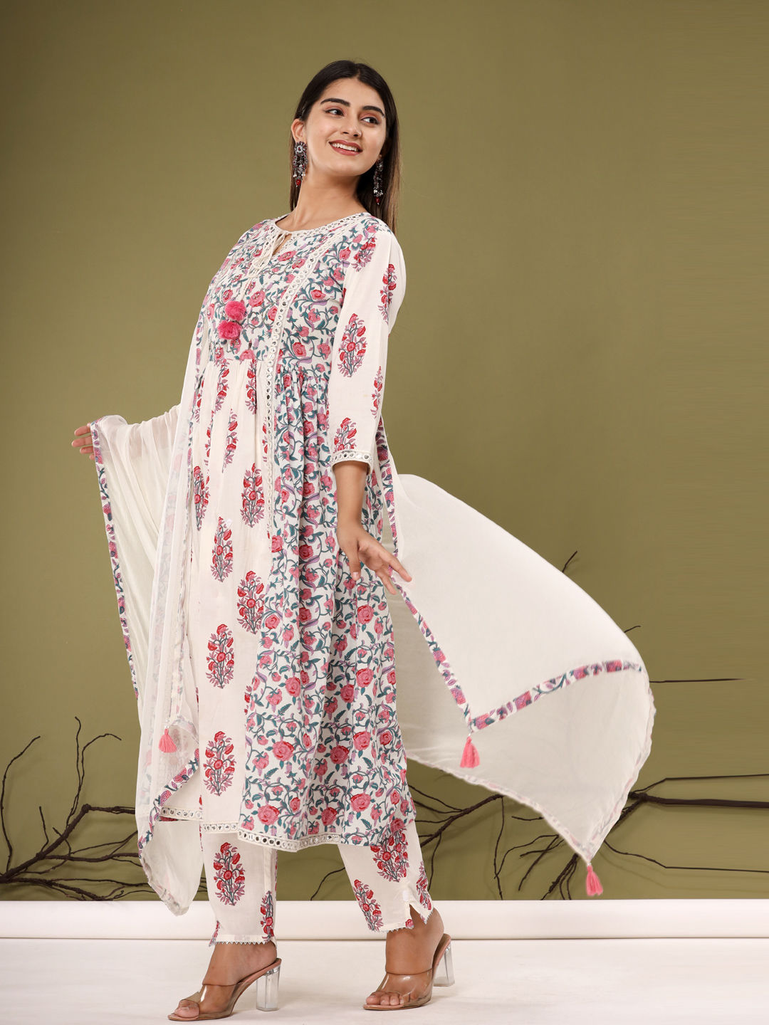 Anarkali Style Cotton Fabric Pink & White Color Kurta With Bottom & Dupatta