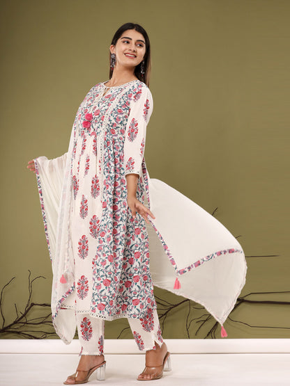 Anarkali Style Cotton Fabric Pink & White Color Kurta With Bottom & Dupatta