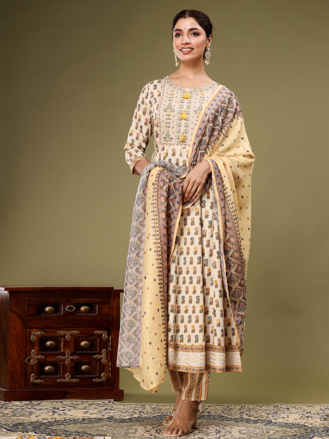 Anarkali Style Rayon Fabric Yellow & Beige Color Kurta With Bottom & Dupatta