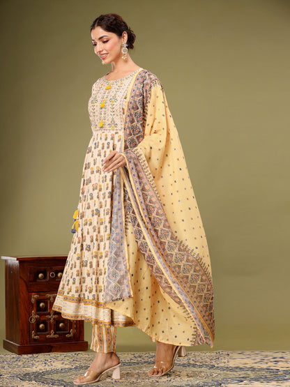 Anarkali Style Rayon Fabric Yellow & Beige Color Kurta With Bottom & Dupatta