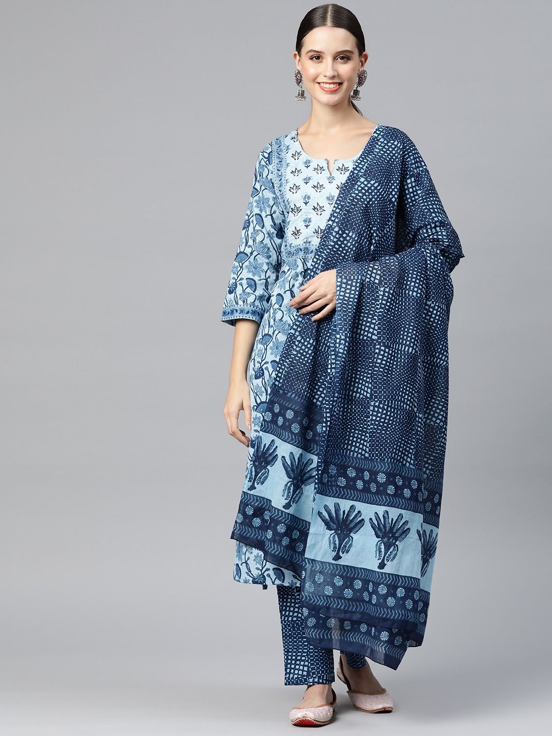 Straight Style Cotton Fabric  Navy Blue Color Kurta And Palazzo With Dupatta