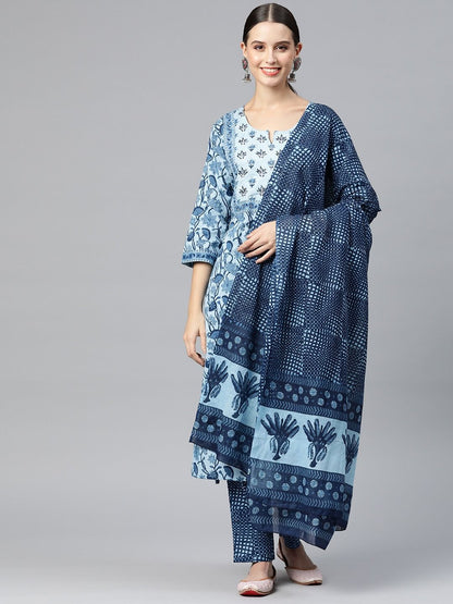 Straight Style Cotton Fabric  Navy Blue Color Kurta And Palazzo With Dupatta